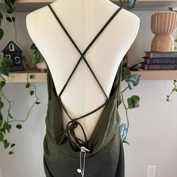 Olive Green Ellie Ruched Mini Dress Large Crisscross Back Cowl Neck Fashion Nova - Picture 6 of 10